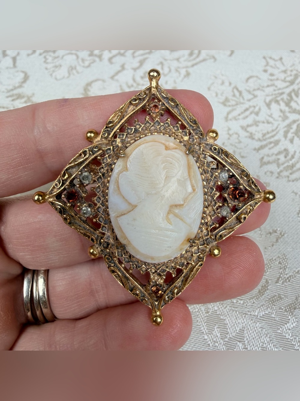 Florenza Vintage Cameo Filigree Brooch, Fashion, Statement, 2”, Costume